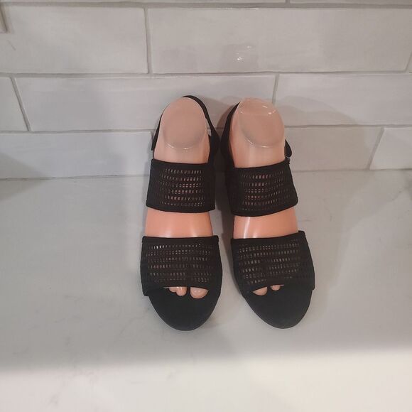 Eileen Fisher Finn Suede Mesh Black Open Toe Sandals Size 8.5 Comfort - Picture 6 of 10